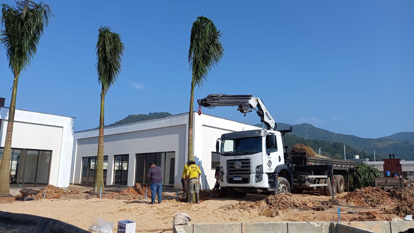 Munck plantando palmeiras em frente a um prédio novo